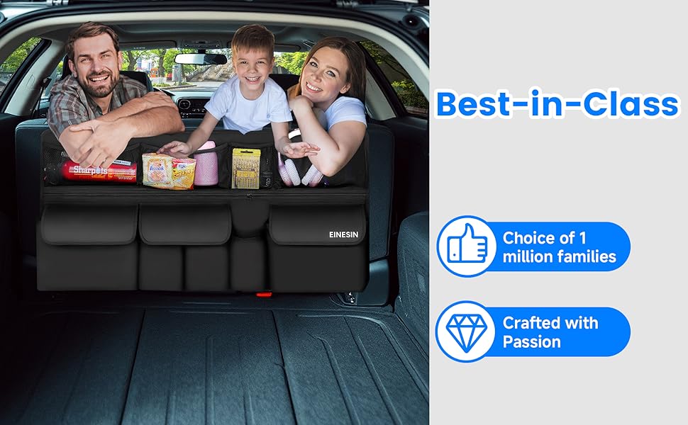 Car trunk organizer with multiple compartments, shown containing snacks and drinks. Family visible in background. Text highlights product as 'Best-in-Class' and 'Choice of 1 million families'.