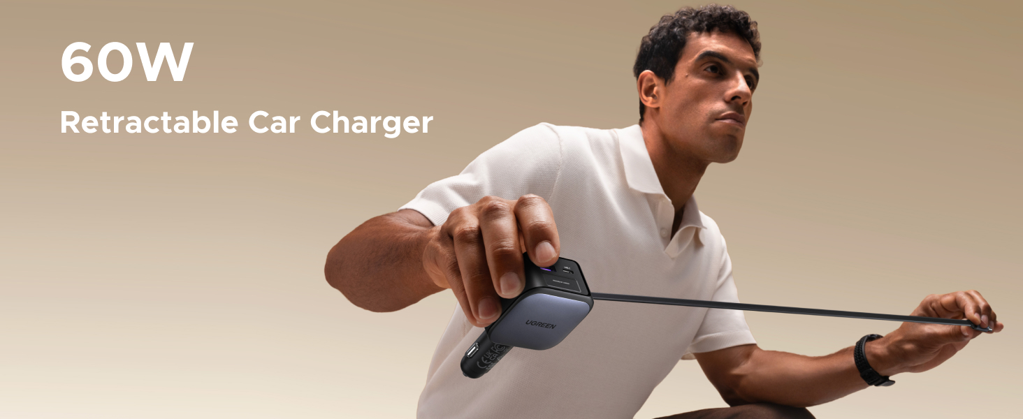 UGREEN 60W 2C1A Retractable Car Charger