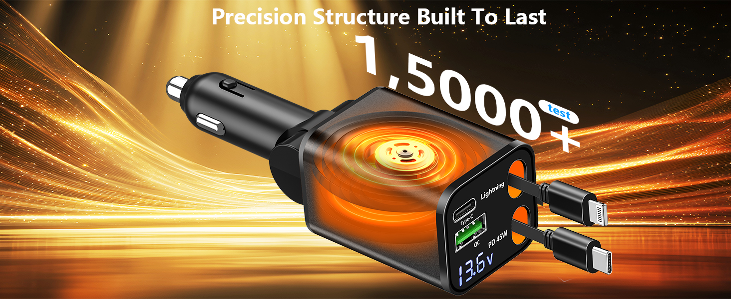 MFi Certified 4 in 1 Retractable Car Charger 120W USB C Car Charger Cigarette Lighter Adapter
