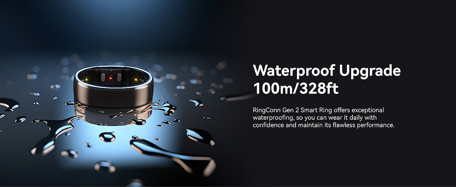 Black circular device with water droplets, showcasing 100m/528ft waterproof rating against dark background.