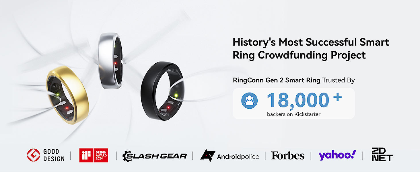 Smart ring product advertisement showing different angles of the device alongside logos of major media outlets and a crowdfunding achievement statement.