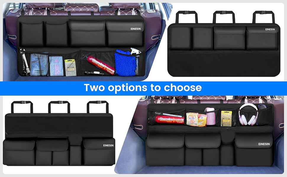 Multi-pocket car trunk organizer with two design options. Features multiple storage compartments, hanging straps, and shown containing various items like snacks and cleaning supplies.