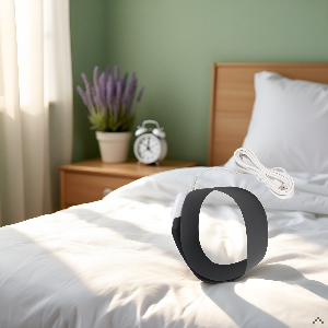 A peaceful bedroom scene with a neatly made bed featuring crisp white linens and soft natural lighti