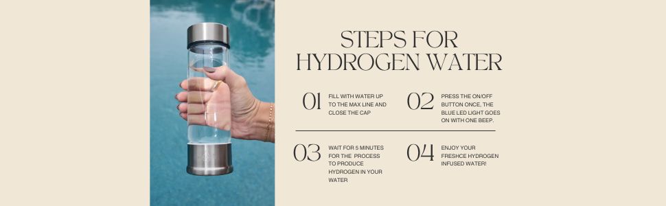steps for hydrogen water hand holding bottle w pool water background