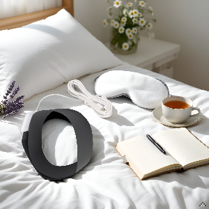 A serene bedroom nightstand with a softly glowing lamp and a peaceful morning sunrise visible throug