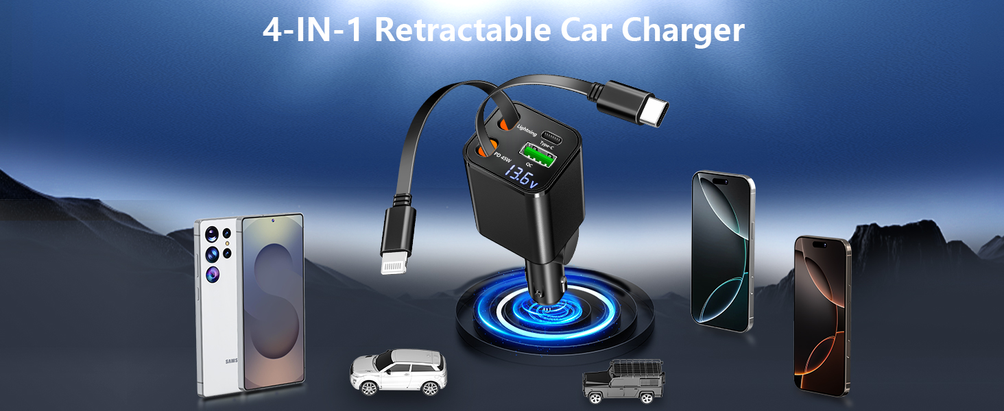 MFi Certified 4 in 1 Retractable Car Charger 120W USB C Car Charger Cigarette Lighter Adapter