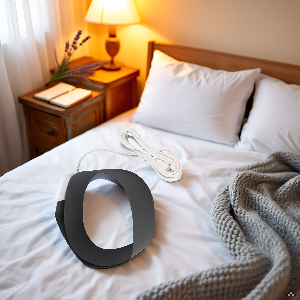 A serene bedroom nightstand with a softly glowing lamp and a peaceful morning sunrise streaming thro