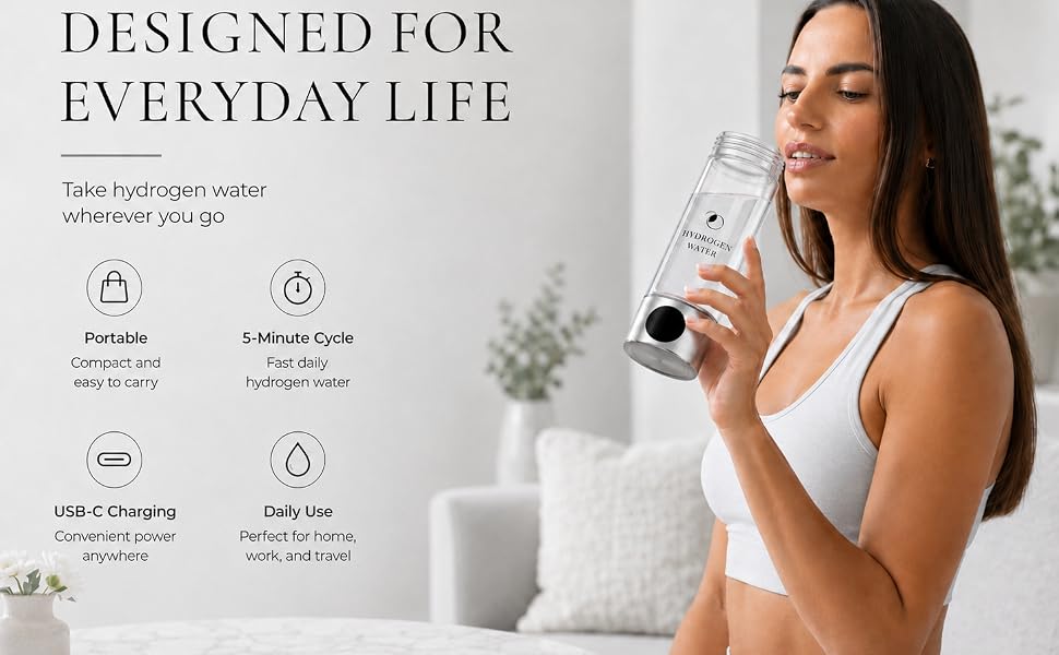 Woman using a portable hydrogen water bottle designed for daily hydration at home, work, or travel