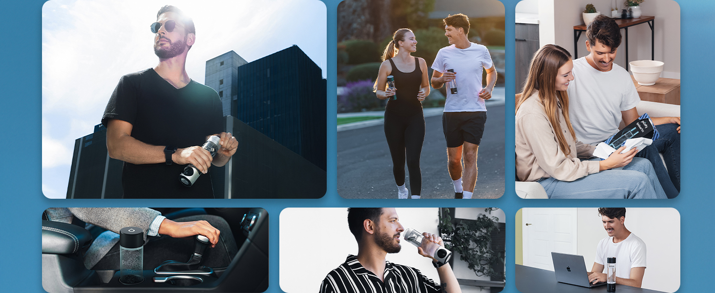 people drinking hydrogen infused water from hydrogen water bottled