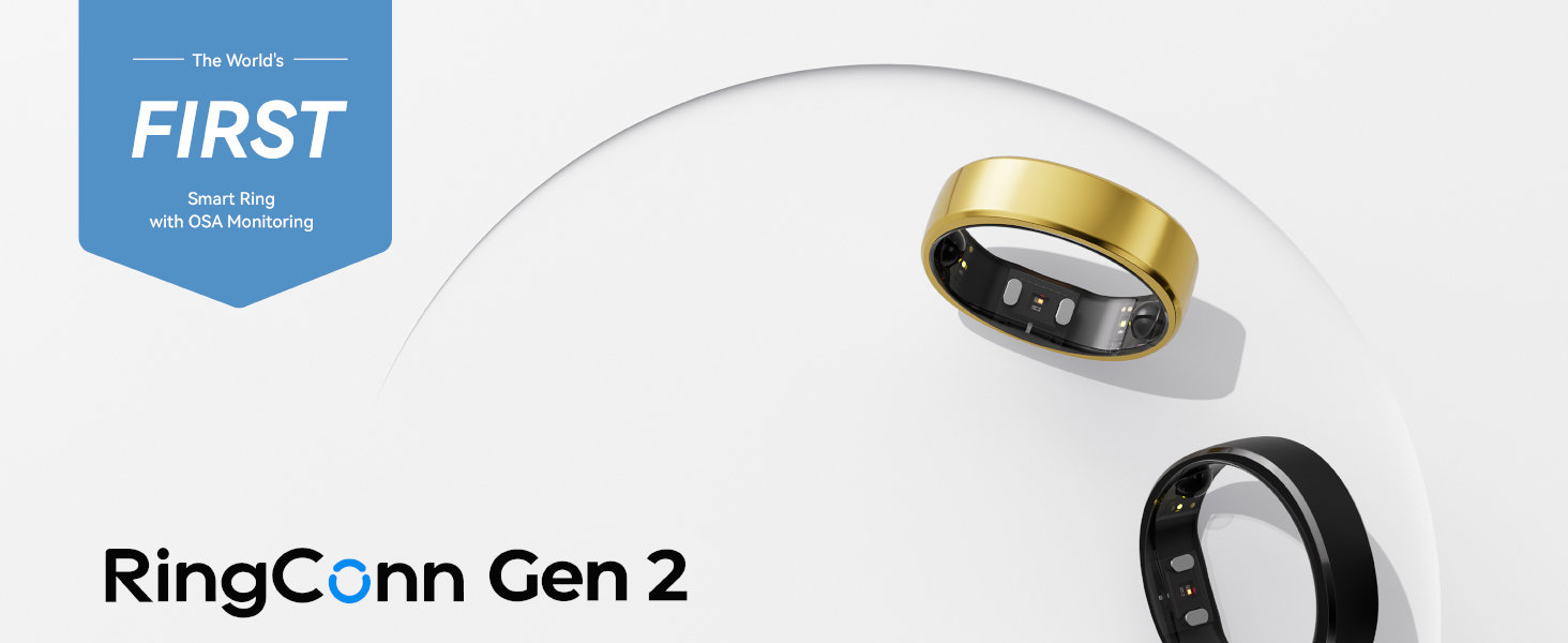 Two smart rings displayed: a gold-colored metal ring and a black silicone ring. The rings appear to be wearable technology devices with potential fitness tracking capabilities.