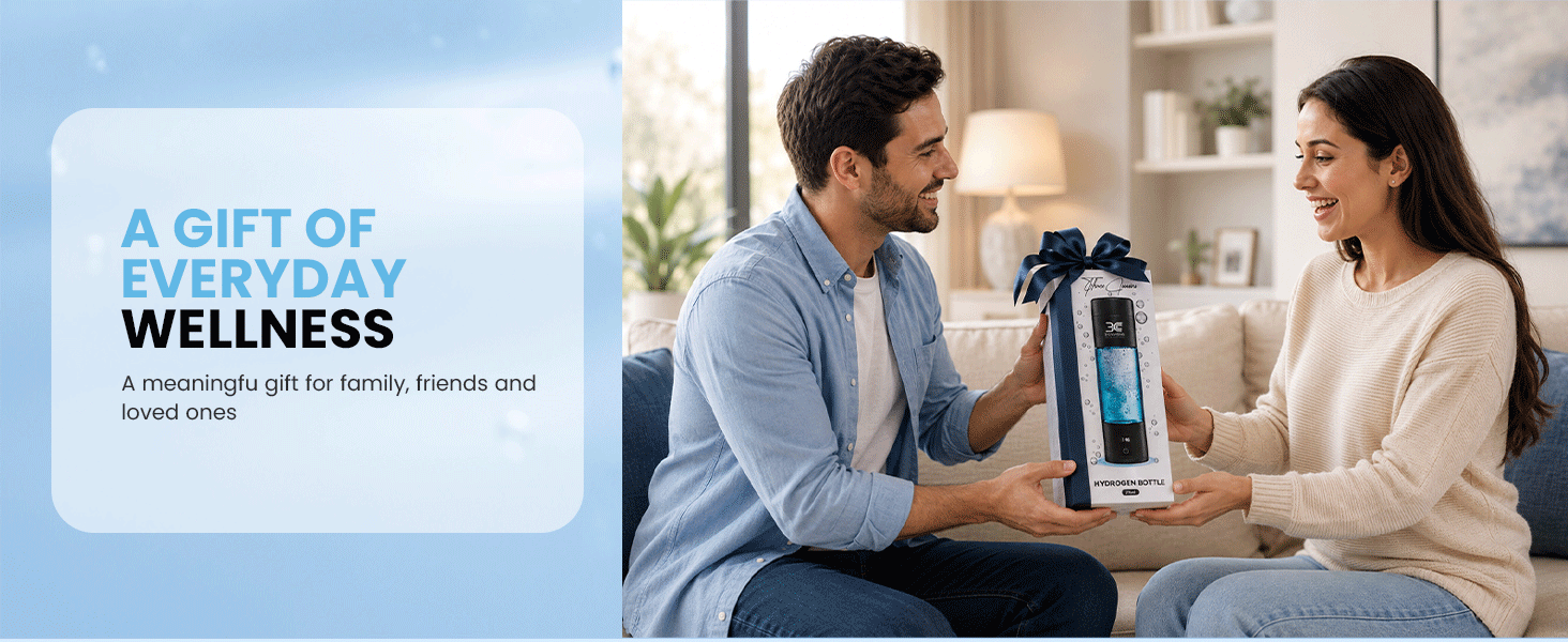 Husband giving 3C hydrogen water bottle to her wife as a gift