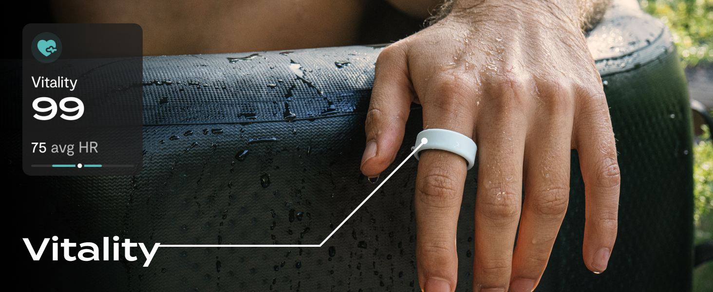 Waterproof fitness ring for workouts and swimming. Lightweight titanium health wearable.