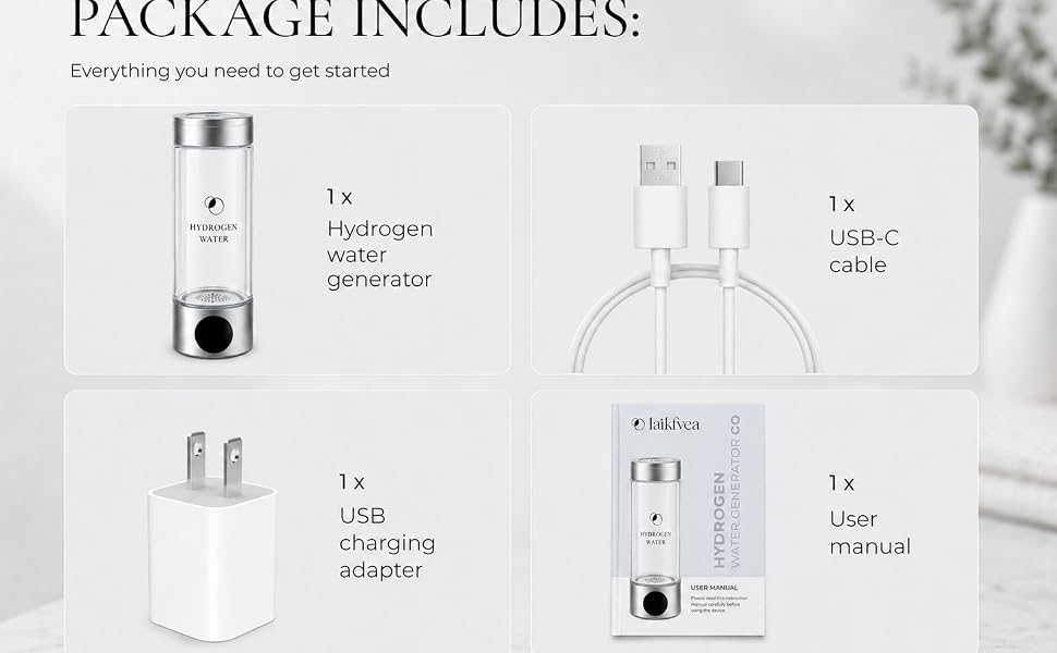 Hydrogen water bottle package including USB-C cable, charging adapter, and user manual