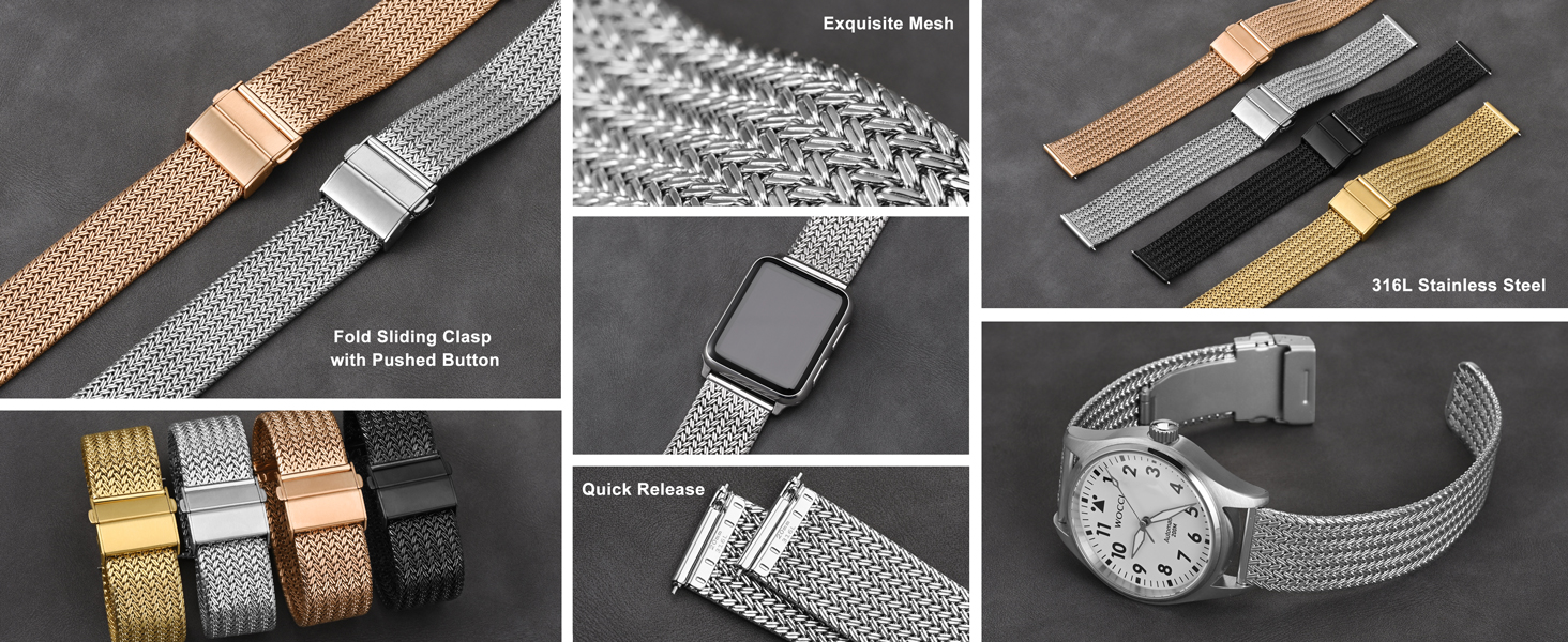 WOCCI Metal Watch Strap 316L Stainless Steel Band Deployant Clasp 18mm 20mm 22mm 24mm