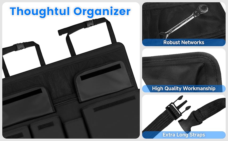 Black organizer bag with multiple pockets and handles. Features robust networks, high-quality workmanship, and extra-long straps. Includes image of wrench tool.