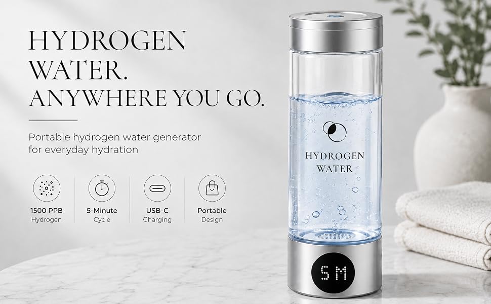 Portable hydrogen water bottle with 1500 PPB hydrogen generation, USB-C charging